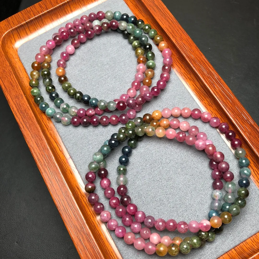 

1 Pc Fengbaowu Natural Colorful Tourmaline Bracelet Round Beads 55CM Reiki Healing Stone Fashion Jewelry Gift For Women