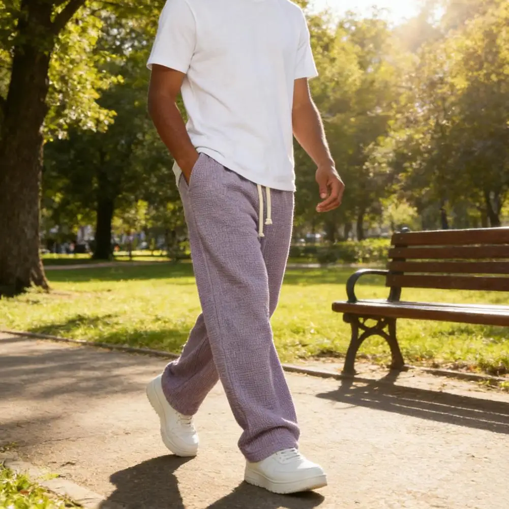 

Men Casual Baggy Trousers SolidColor Wide Leg Pants Loose Fit Drawstring Waist Straight Sweatpants Dropped Waist For Sports Stre