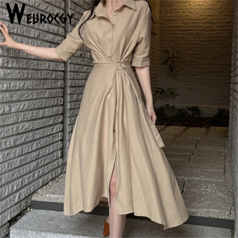 

Women Shirt Dress 2023 Autumn New Korean Style Casual Loose Sexy One Piece Lapel Long Sleeve Single-Breasted Blouse Dresses