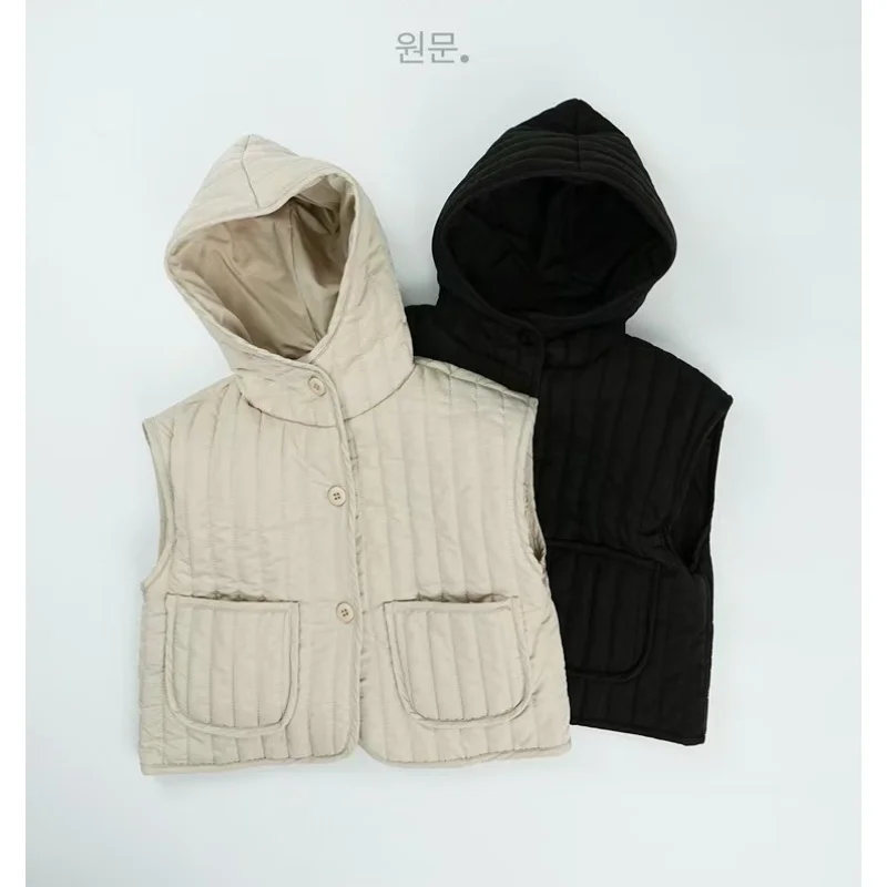 

2025 Winter New Children Sleeveless Hooded Vest Thick Warm Girls Solid Warm Vest Cardigan Boys Cotton Padded Jacket Kids Clothes