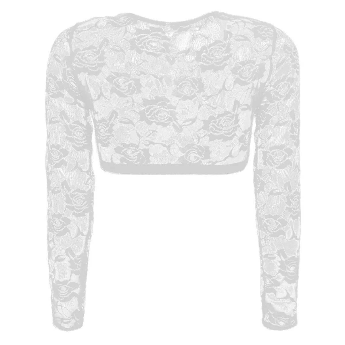 Mens Exotic Floral Lace Crop Top Casual Wear Male Sheer Scoop Neck See Through Long Sleeves T-shirt for Theme Party Cosplay Club