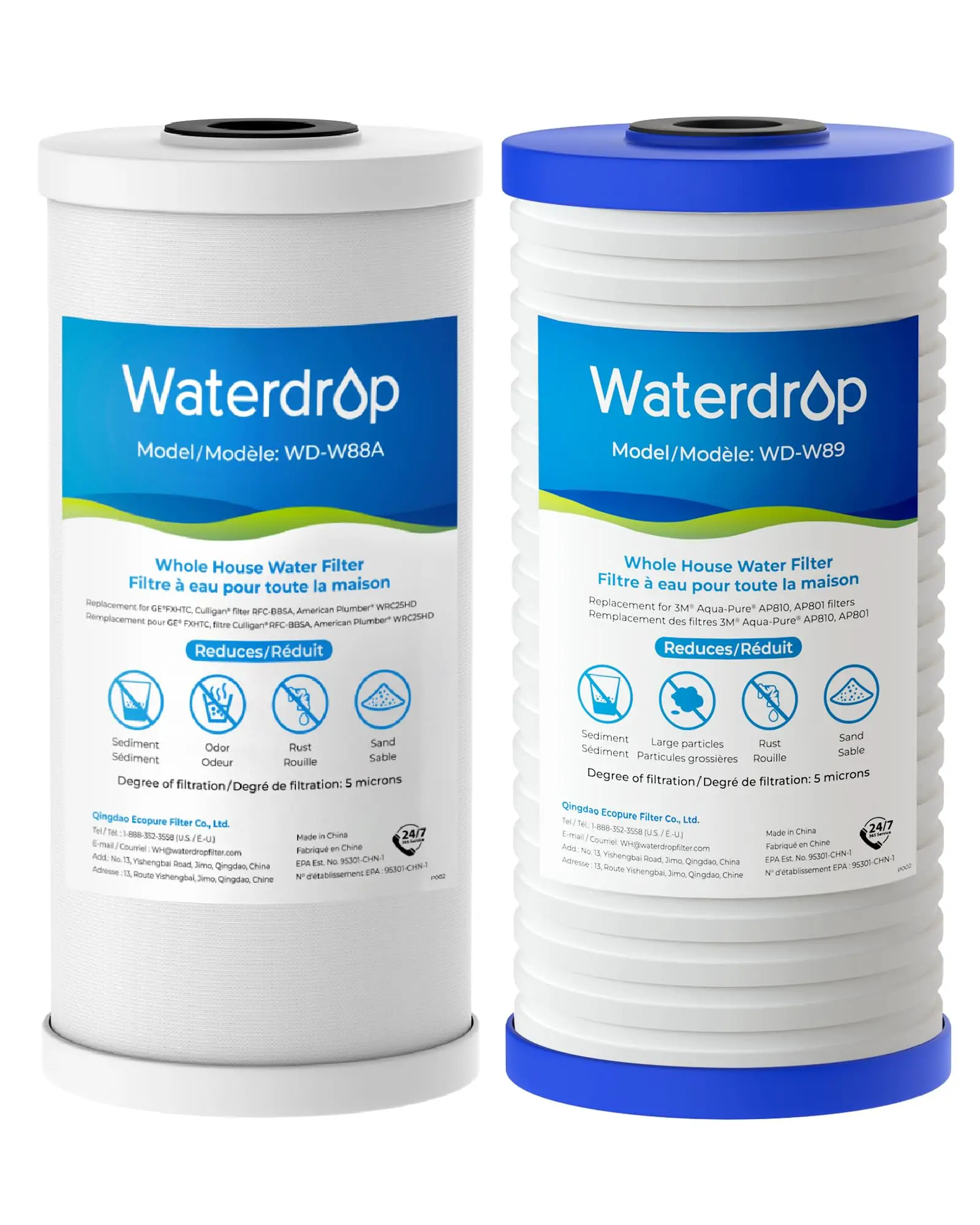 Waterdrop WF10PG Whole House Water Filter For WHF21-PG 10 X 4.5 System, Replacement for GE® FXHTC, GXWH40L, 3M® Aqua-Pure AP810, Culligan® RFC-BBSA, Reduces Sediment, Chlorine, Taste, Odor
