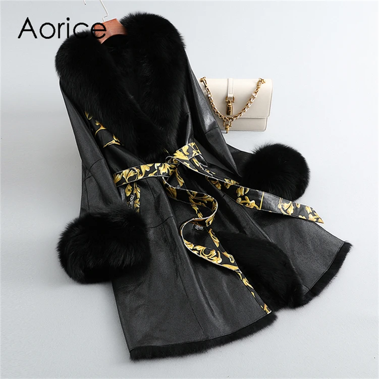 Aorice Winter Long Rabbit Fur Linging Coat Jacket Female Fox Fur Collar Coats Lady Over Size Parka Trench CT281