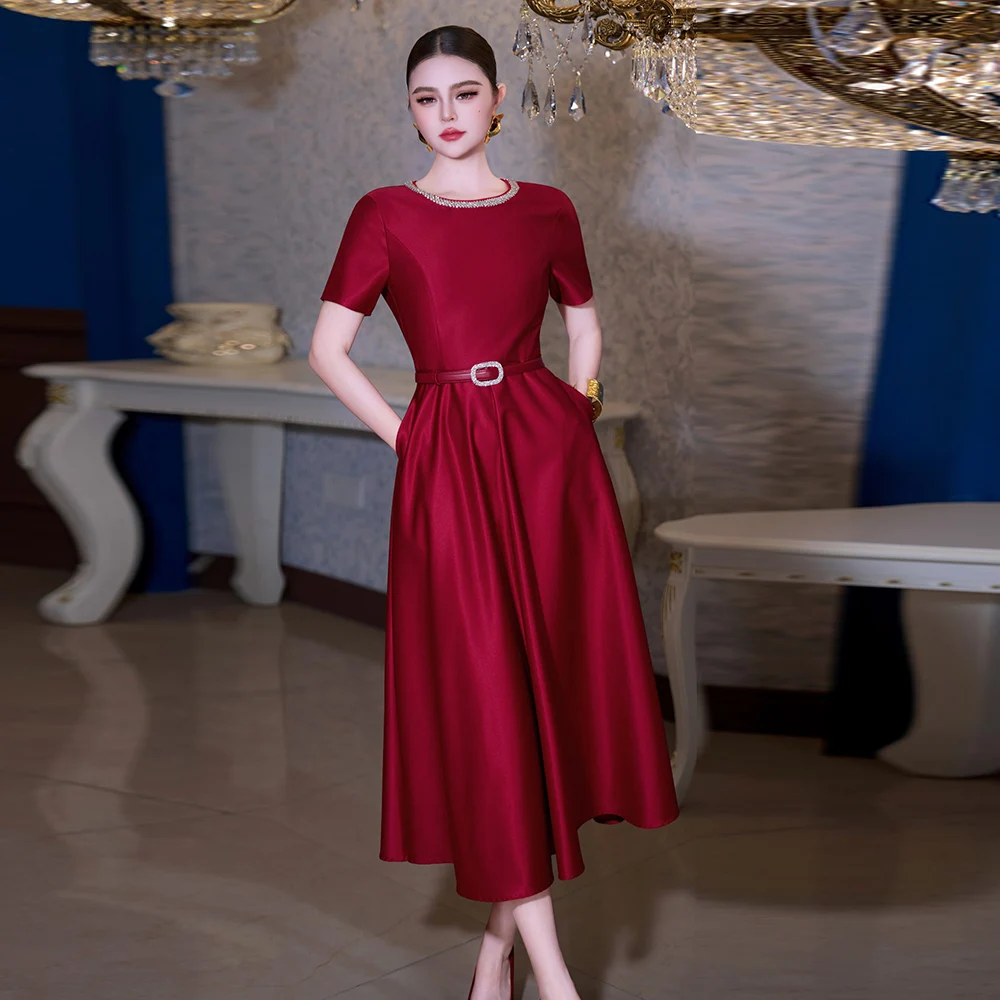 

ZJYT Elegant Luxury Party Dresses for Woman Spring Summer Short Sleeve Beading O Neck Red Cocktail Midi Dress Female Clothing