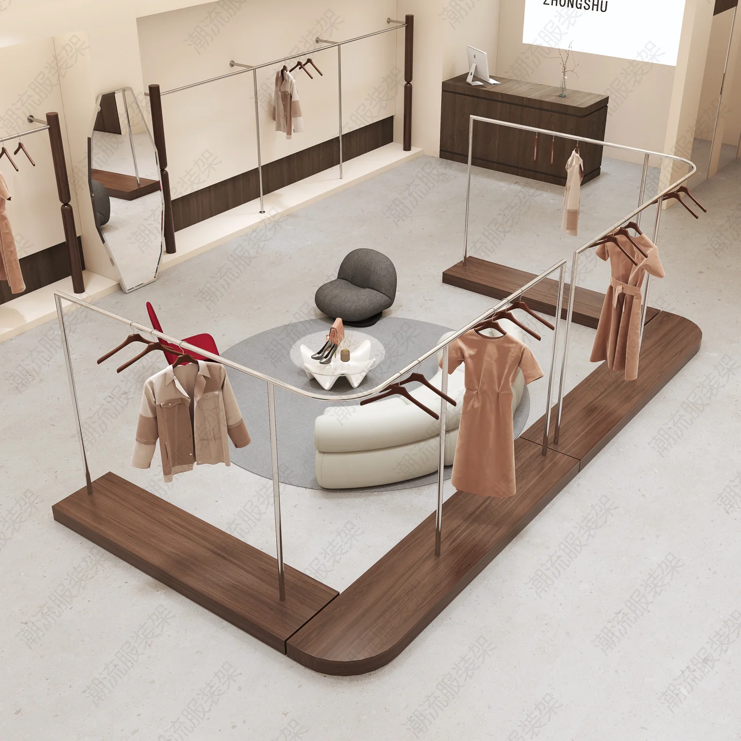 Clothing store display rack curved walnut color ribbon plate stainless steel floor rack men's and women's clothing display