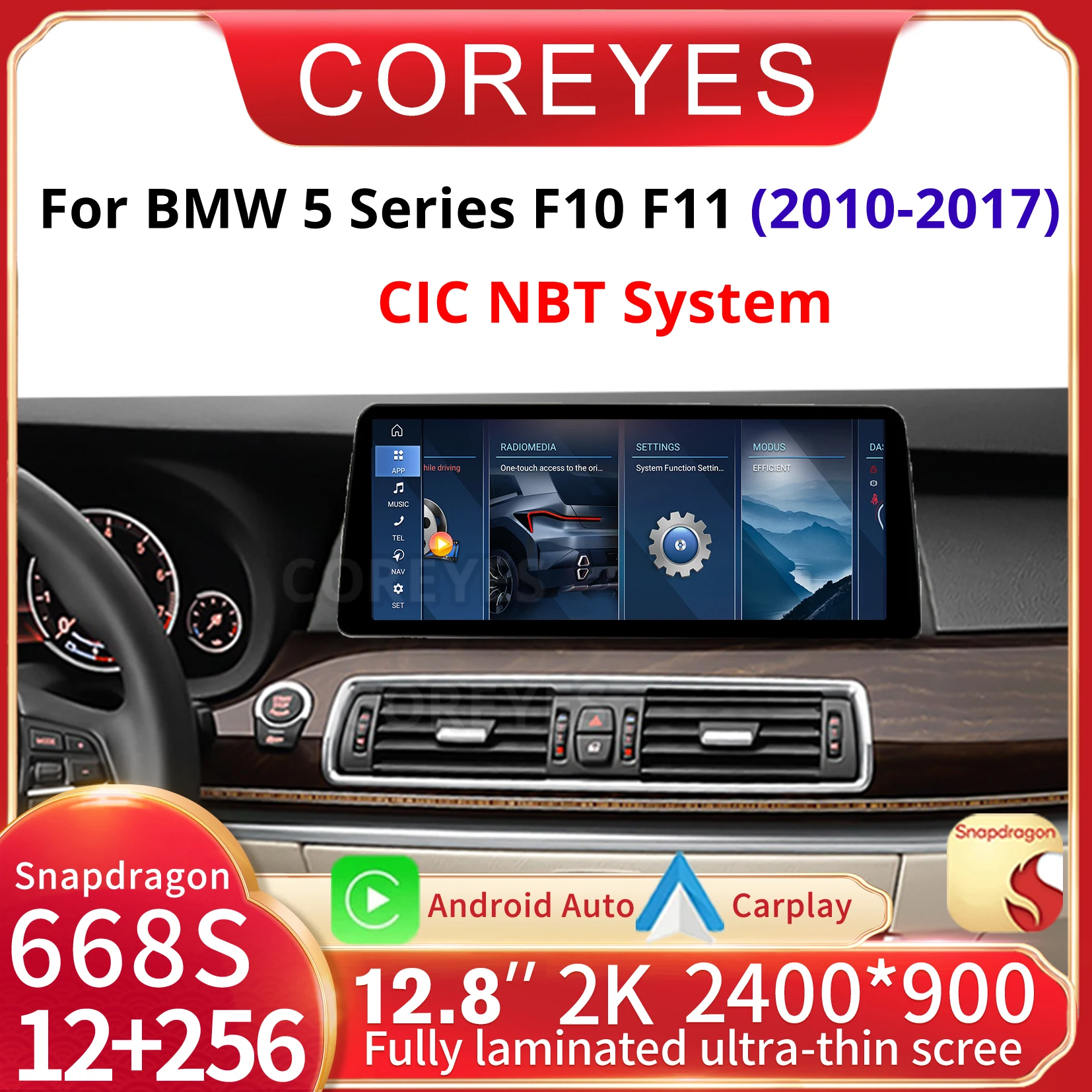 

COREYES 12.8" 2400*700P Player GPS Carplay Car Radio For BMW 5 Series F10 F11 2010-2017 CIC NBT System Android 14 Multimedia BT