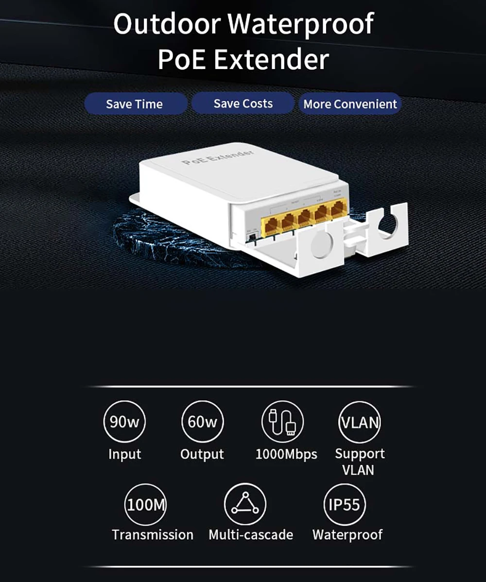 Extensor POE impermeable de 5 puertos, repetidor de 4 puertos, 100/1000Mbps, red exterior, IP55, VLAN, 44-57V, para cámara POE, AP sin cables