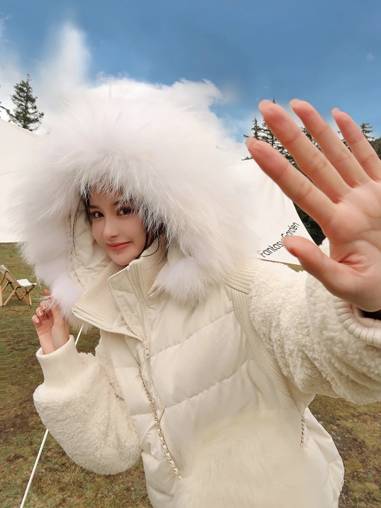 

Женская белая пуховая куртка Aviva on Earth с капюшоном, вязаными вставками и меховым воротником, теплая верхняя одежда средней длины, утепленная