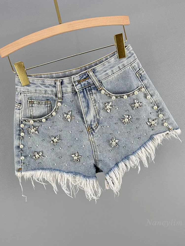 Beads Rhinestones Wide-Leg Denim Shorts for Women 2024 Summer New High Waist Slimming European Goods Style Hot Pants