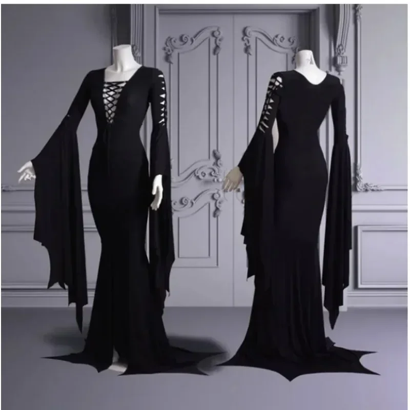 Medieval Vampire Black Lace Up Gown Robe for Women S-5XL Sexy Witch Ghost Halloween Costume Morticia Addam Gothic Maxi Dress