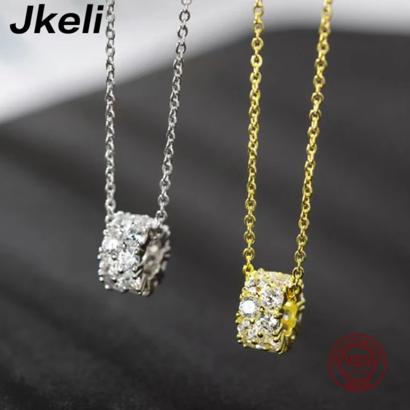 Jkeli S925 Sterling Silver Necklace for Women with Zirconia Transfer Beads 14K Gold Plated Cylindrical Pendant Jewelry Accessory