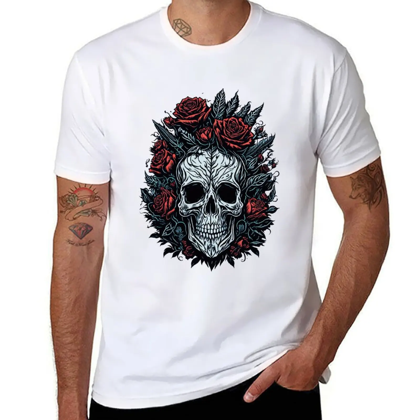 

Skull and Roses design T-Shirt man t shirts graphic t shirt for man 100 percent cotton graphic t shirts for man T-shirt