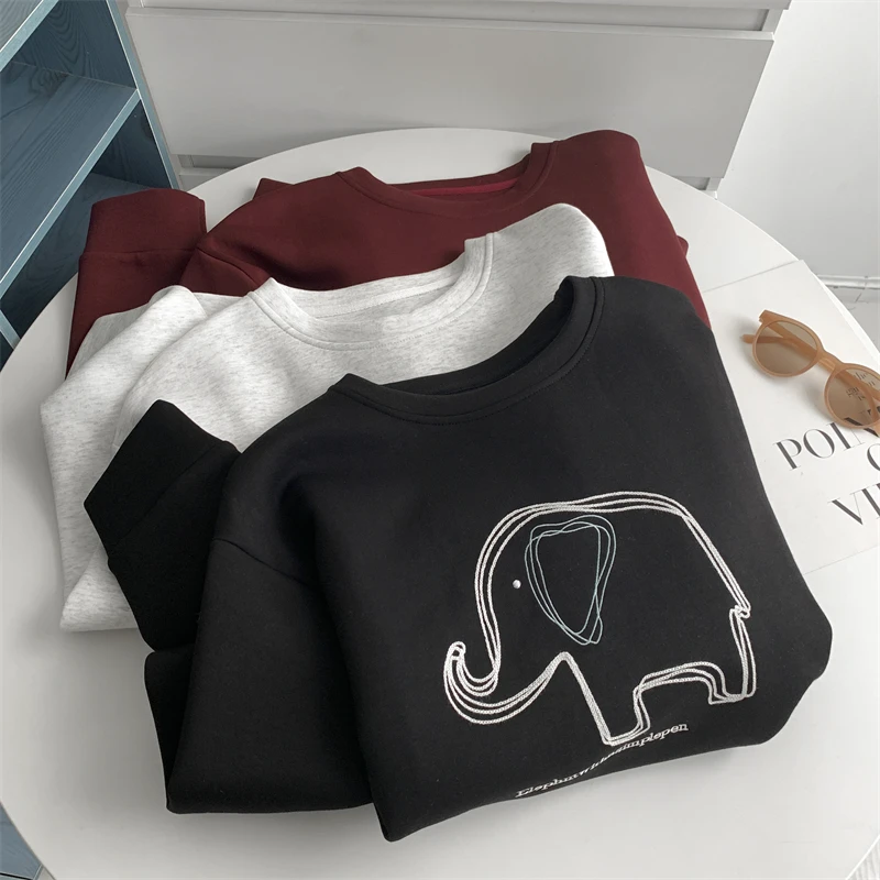 Women's Air Layer Elephant Sweatshirt, Loose Casual Pullover, Round Neck Top, Autumn