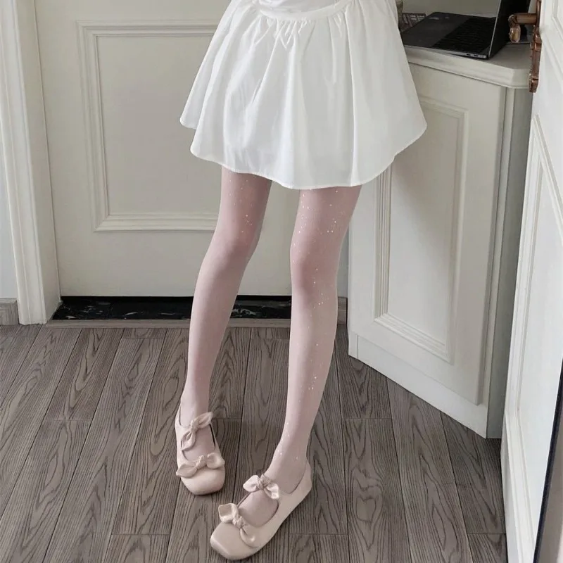 Balletcore شير الأبيض فتاة الجوارب النجوم لامع العناية بالبشرة جوارب طويلة المرأة رقيقة جدا بريق الجوارب الصيف لوليتا Legwear