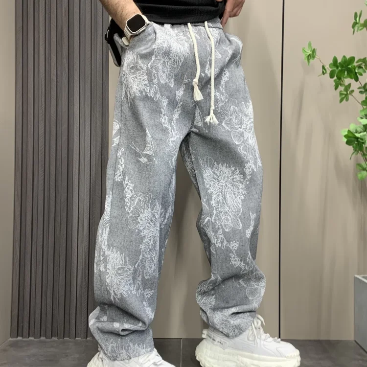 Men's Summer New Vintage High-End Straight Floral Loose Personal Style Trendy Casual Pants Autumn Winter Fashion Y2k Trousers