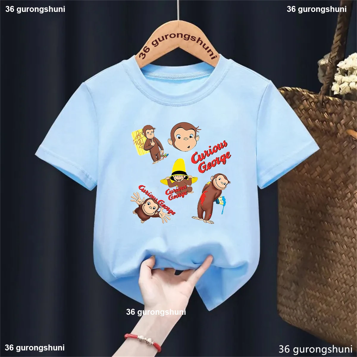 

New Birthday Party For Curious George Cartoon Printed Blue T Shirt Girls/Boys Balloon Kawaii Kids Clothes Summer Tops T-Shirt