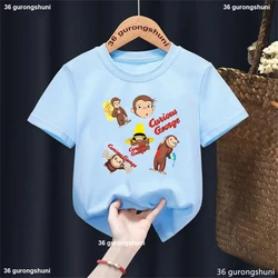 New Birthday Party For Curious George Cartoon Printed Blue T Shirt Girls/Boys Balloon Kawaii Kids Clothes Summer Tops T-Shirt