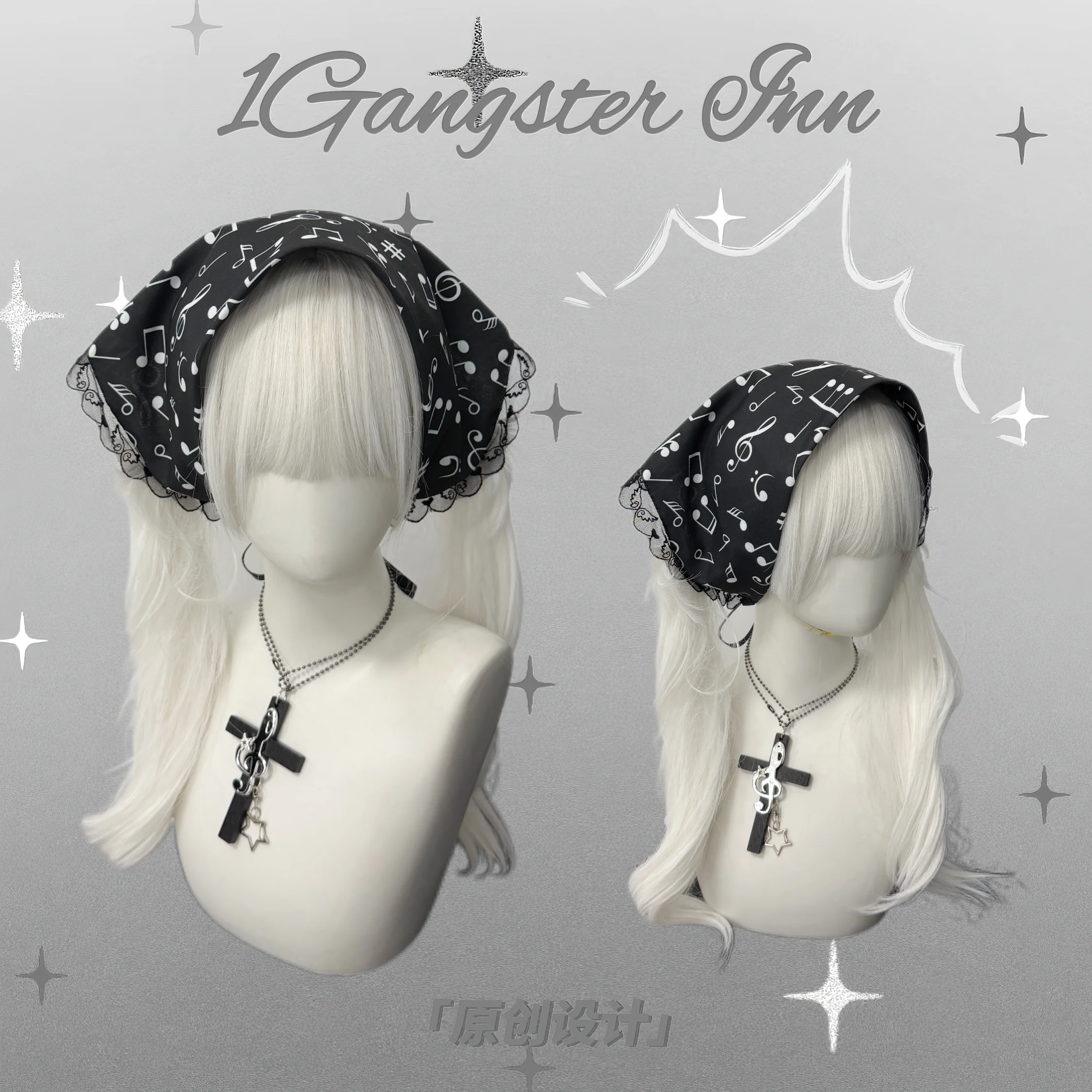 Original Music Note Lace Music Note Full Print Triangle Scarf Cute House Subculture Y2k Headgear Headscarf