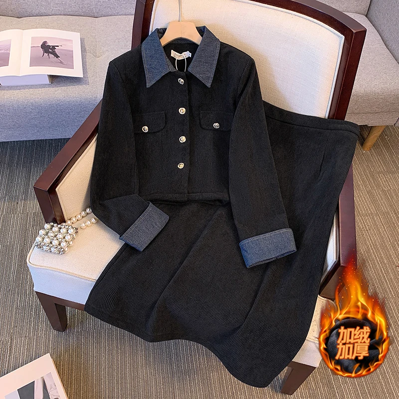 

Two-piece Set For Women Denim Match Slim Polo Collar Jacket And Skirt Corduroy suit Large Size Female Autumn Winter Black Suits