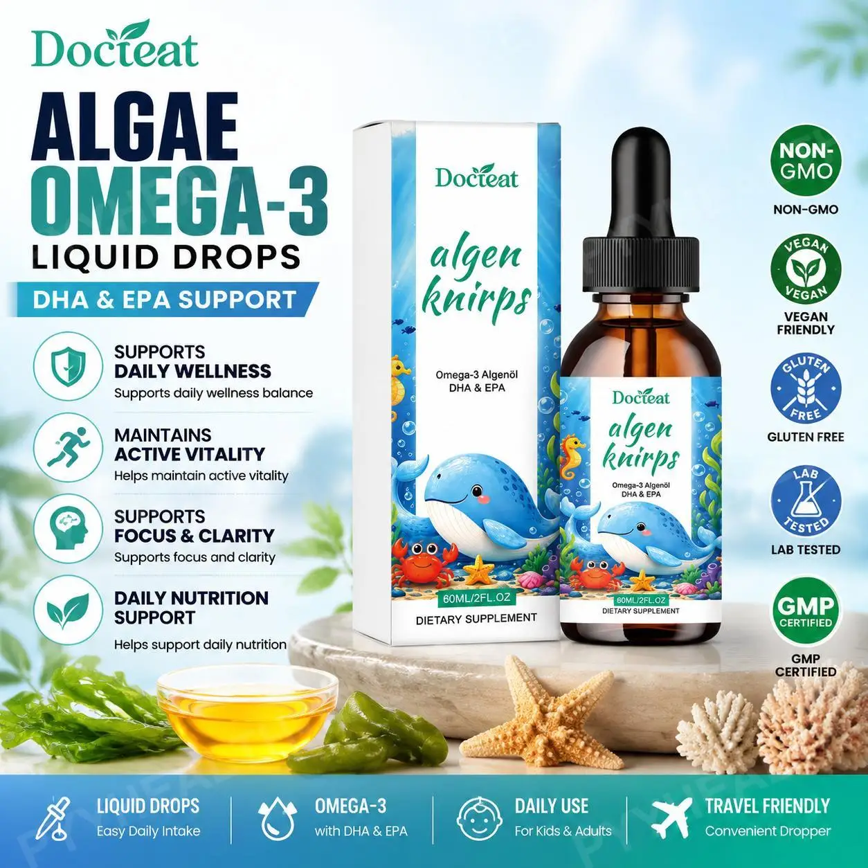 Docteat Omega-3 Algae Oil DHA & EPA Liquid Drops Travel-Friendly Supports Focus and Clarity Helps Support Daily Nutrition, 60 ML