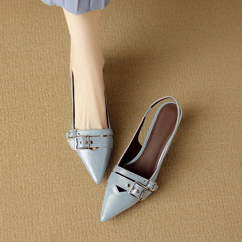 

Новинка 2023 года, летние женские сандалии из натуральной кожи, женская обувь из воловьей и овчины высотой 22-25 см с острым носком и ремешком сзади, пряжкой на высоком каблуке