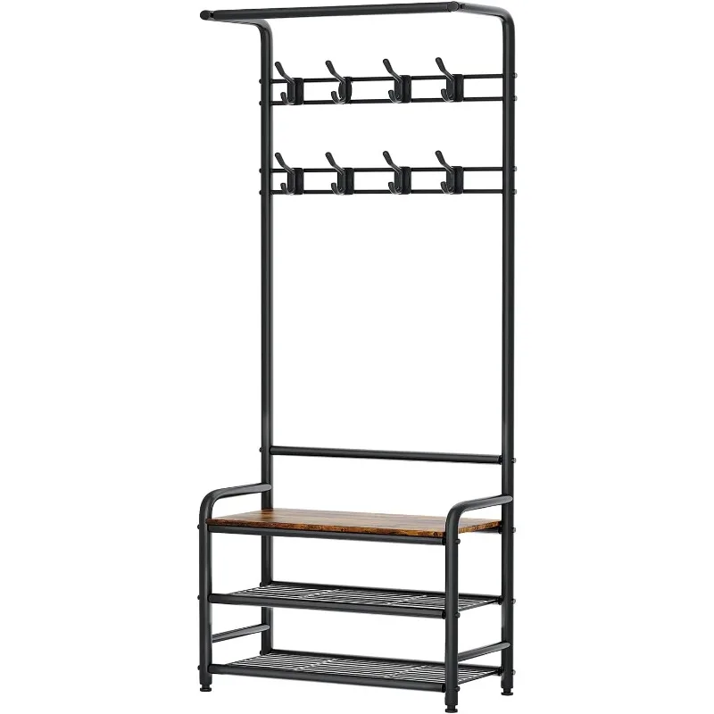 

Coat Rack, Entryway Hall Tree with Shoe Bench and Storage, 4-in-1 Coat Rack with 3-Tier Shelves, Hanging Rod and 8 Hooks,