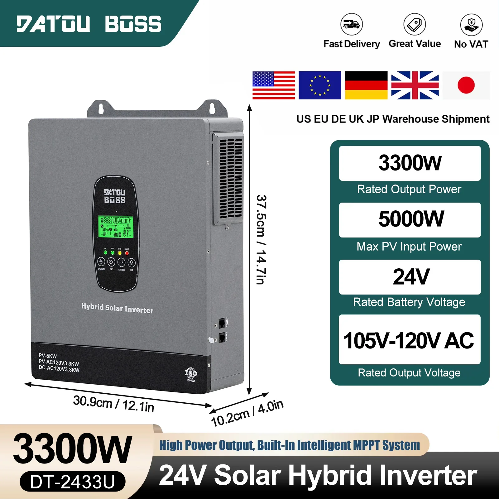 DATOUBOSS 3300W 24V Solar Inverter Pure Sine Wave 120VAC Output 5000W Max PV MPPT Charger Support Multiple Battery Types Off‑Grid Solar Inverter with LCD Screen
