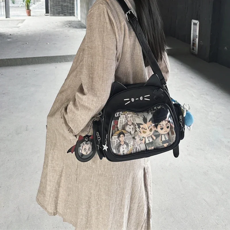 PU Bolsa de Bolso Transparente para Mulheres, Meninas Bonitinhas, Sacos de Ombro Estéticos, Sacos Crossbody, Mochilas Kawaii Cat Ita, Moda Coreana,