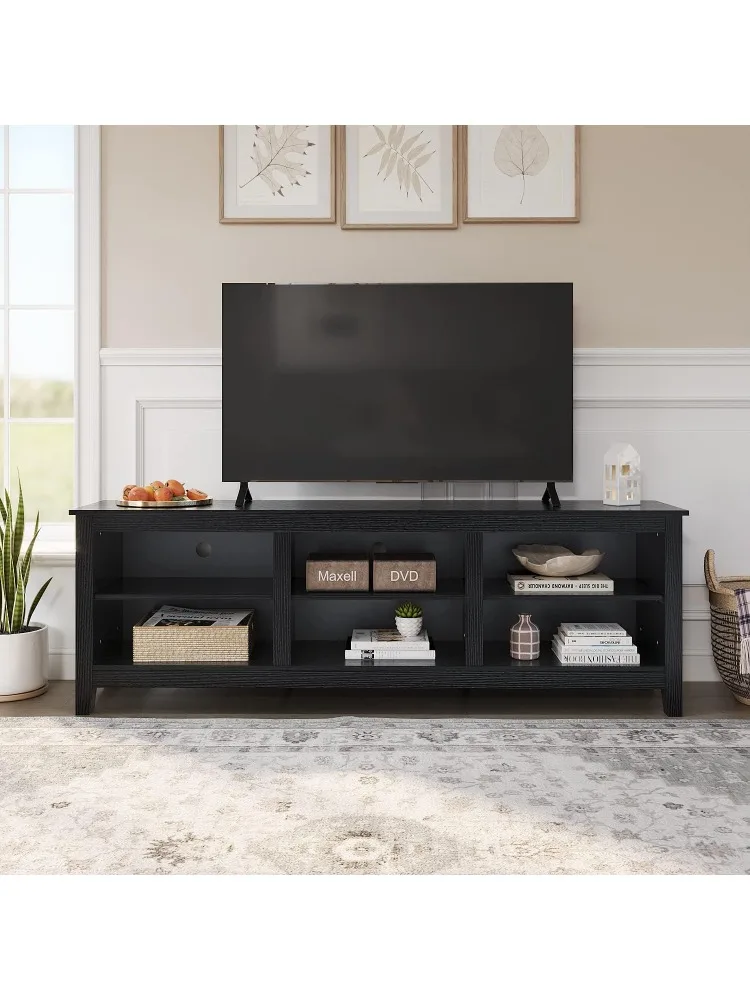 حامل تلفزيون 6 حجرة حوامل تلفزيون خزانة 6 تخزين وسائط مفتوحة لأجهزة التلفاز حتى 80 بوصة، (70 بوصة أسود)