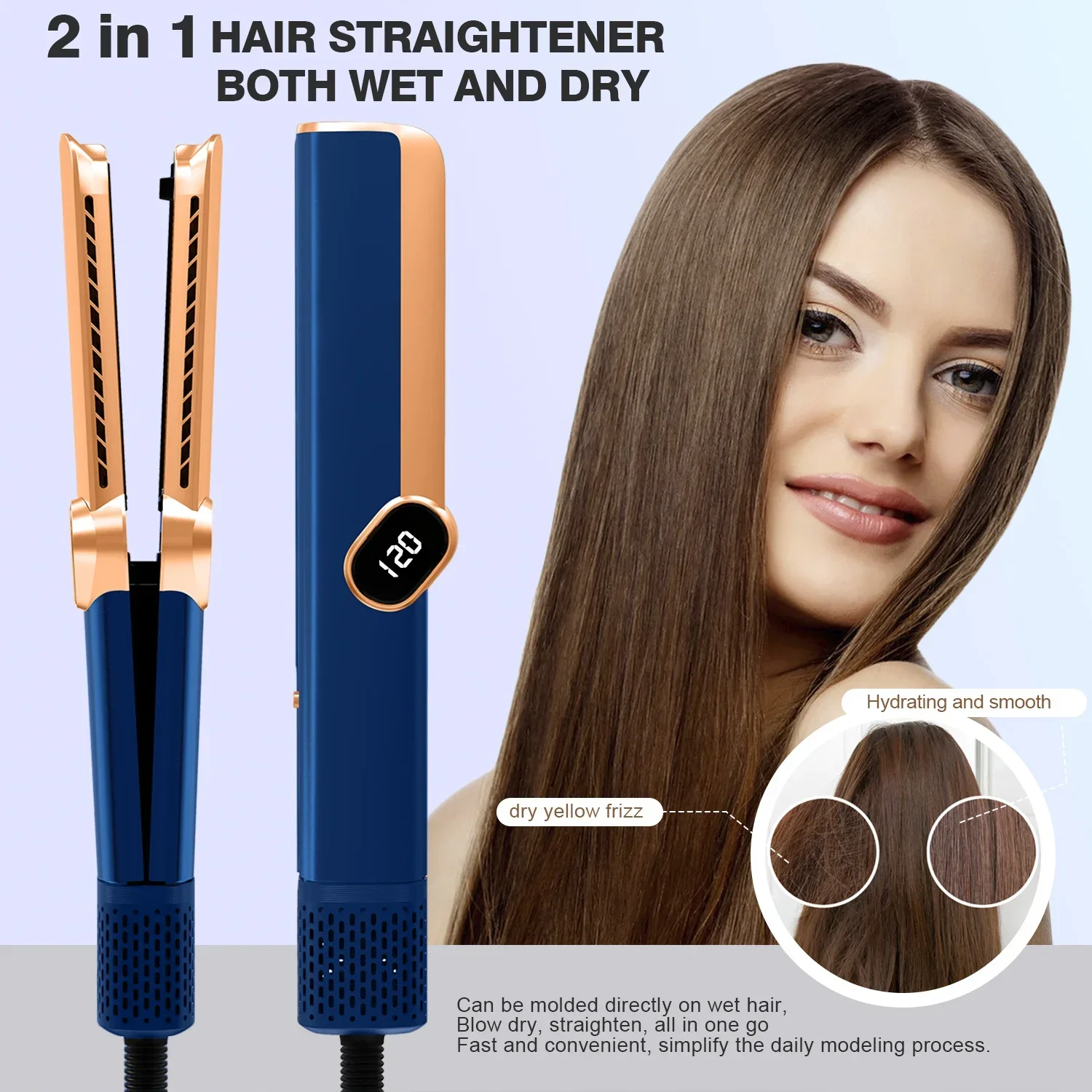 Dry and Wet Dual-purpose 2 in 1 LCD Displa Hair Straightener and Straight Air Negative Ion Dryer Heat-Up Flat Iron Straightener
