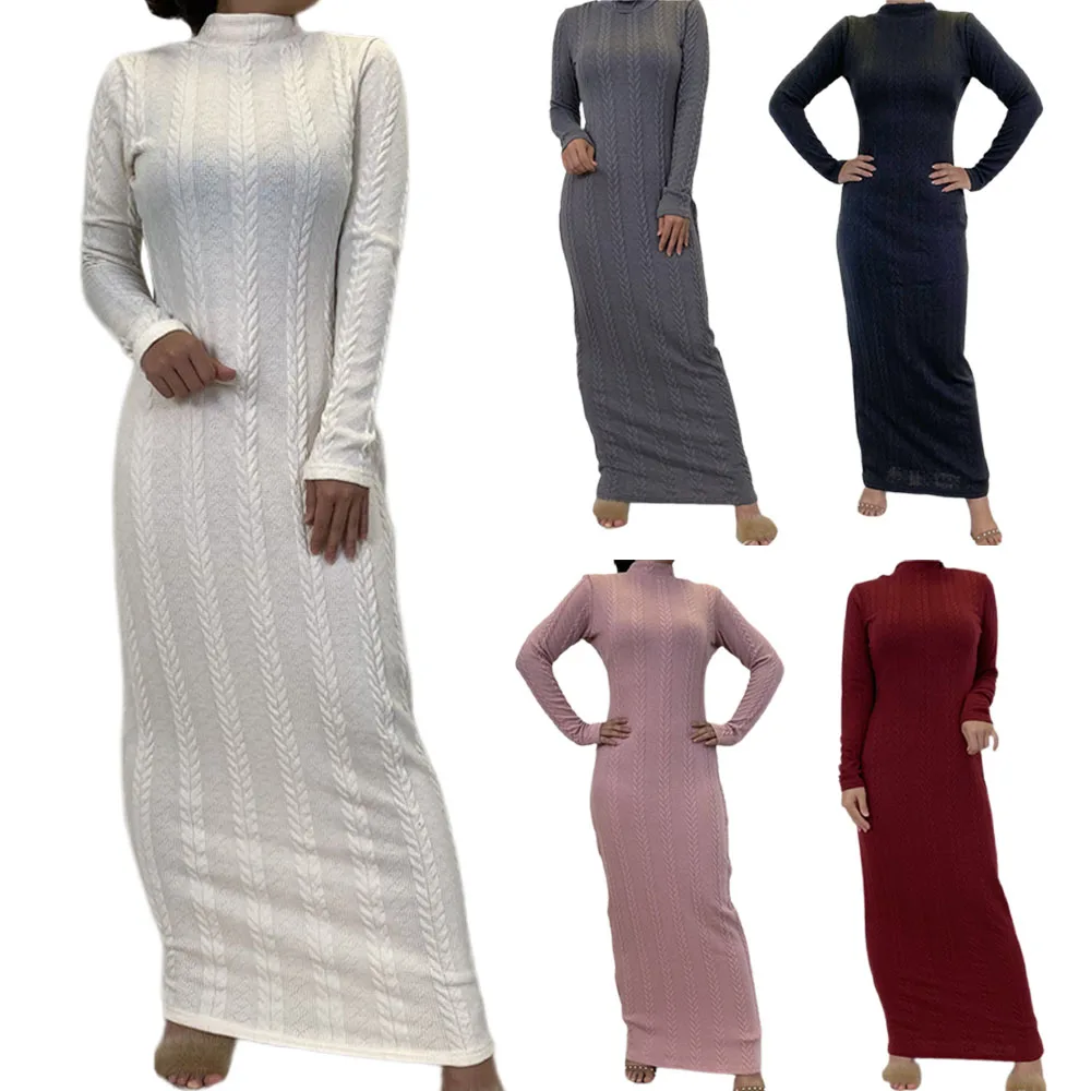 2024 Long Cotton Knitted Women Maxi Sweater Dress Warm Turtleneck Muslim Dress Solid Color Long Sleeve Islamic Winter Warm Abaya