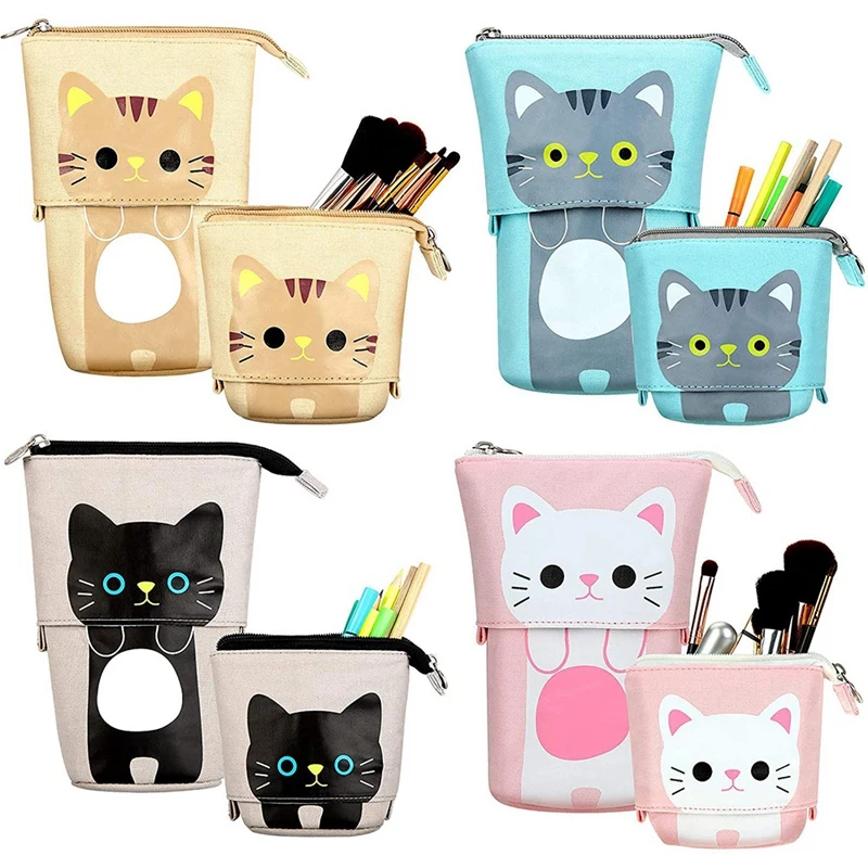 ANGOO 4 Pieces Pencil Holder Cute Cat Telescopic Pencil Organizer Makeup Bag Cosmetics Pouch Stationery Pen Case