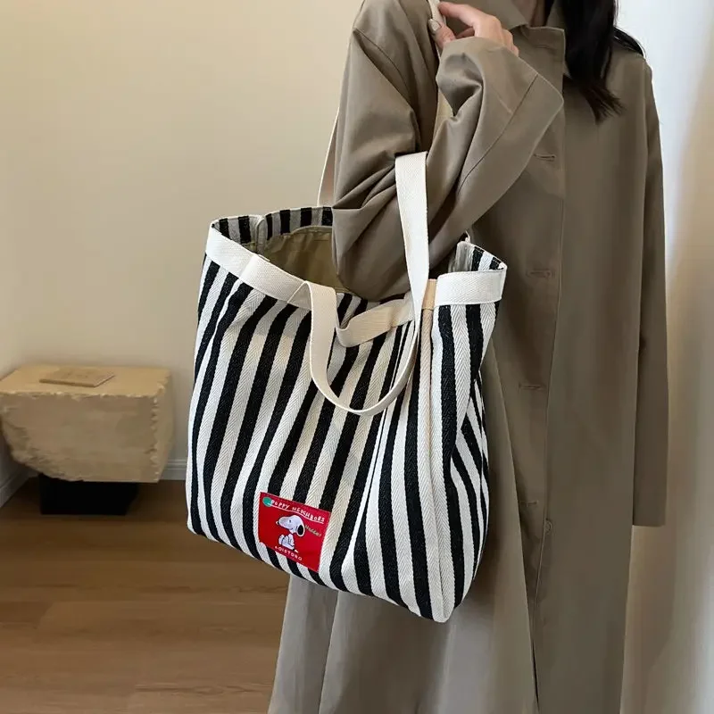 MINISO Snoopy Striped Canvas Bag Klein Blue Large Capacity Handbag Women's Fashion Shoulder Bag Cartoon Shopping Handbag