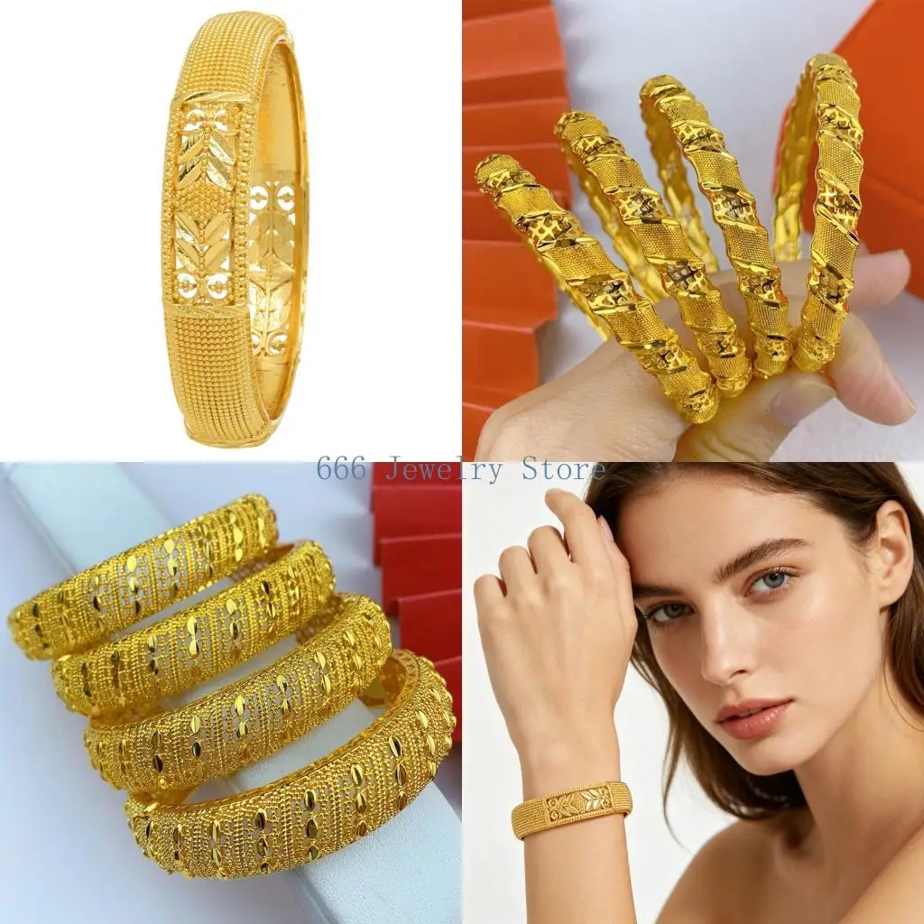 F2TD Beautiful Gold Plated Open End Hollow Carved Bangle For Women Special Occasions