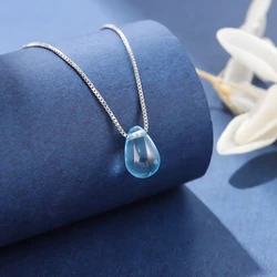 Blue Crystal 925 Sterling Silver Water Drop Pendant Necklaces