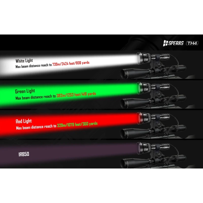 SPERAS TH4 Hunting Light 4 Color in 1Red White Green IR Zoomable Predator Flashlight with Remote Pressure Switch IPX6 Waterproor