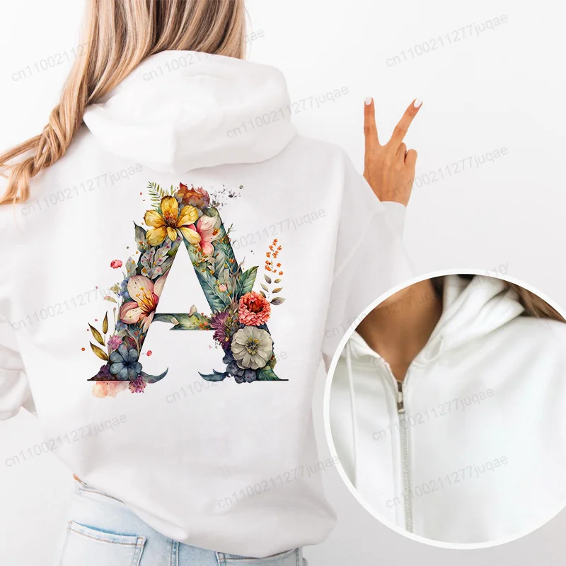 ألوان مائية زهرة نباتية حرف A ~ Z جرافيك موضة زمم هوديي المرأة الخريف Harajuku Y2K الملابس الإناث البلوز السترات #5
