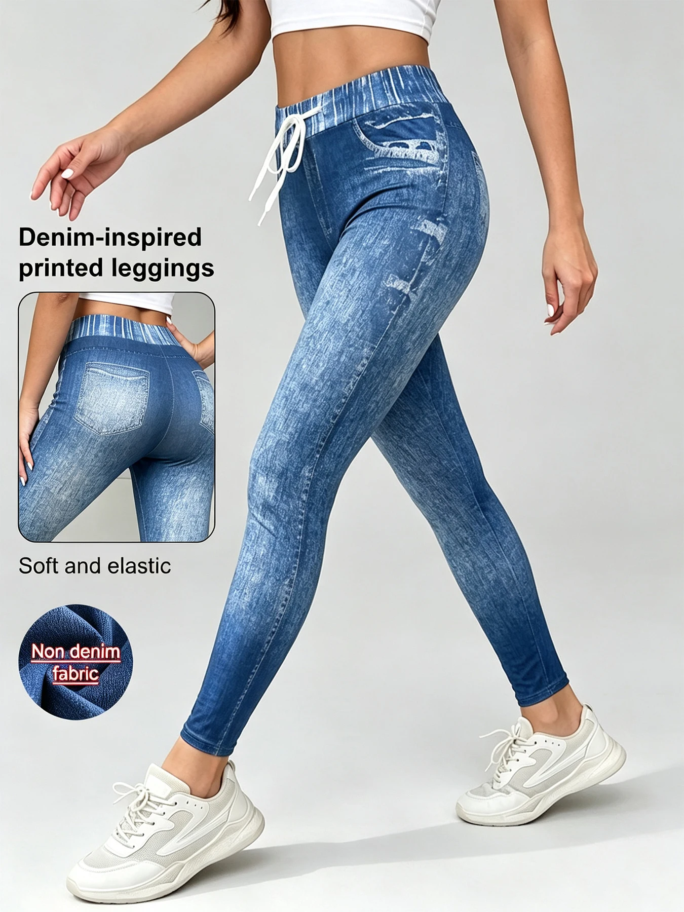 Women High Waisted Drawstring Imitation Denim Inspired Leggings, Stretch Pants, Slim Fit Lifted Buttocks Tight Pants Leggings