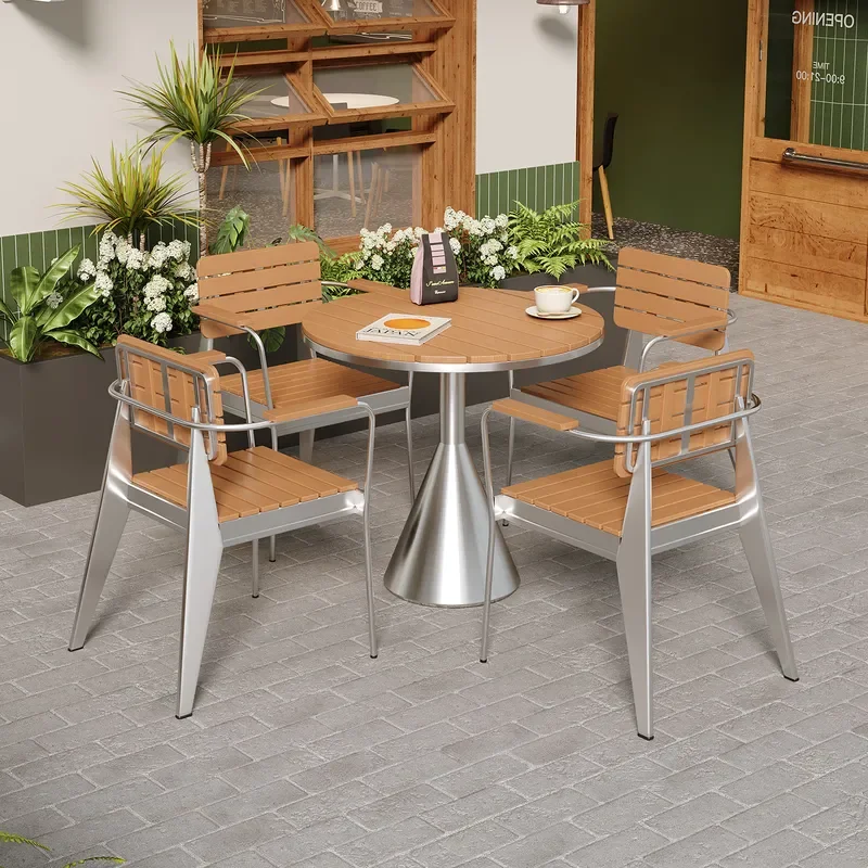 Outdoor Leisure Round Table and Chair Set Plastic Wood Sunscreen Creative Design for Music Bar Lounge Area Open Air Use