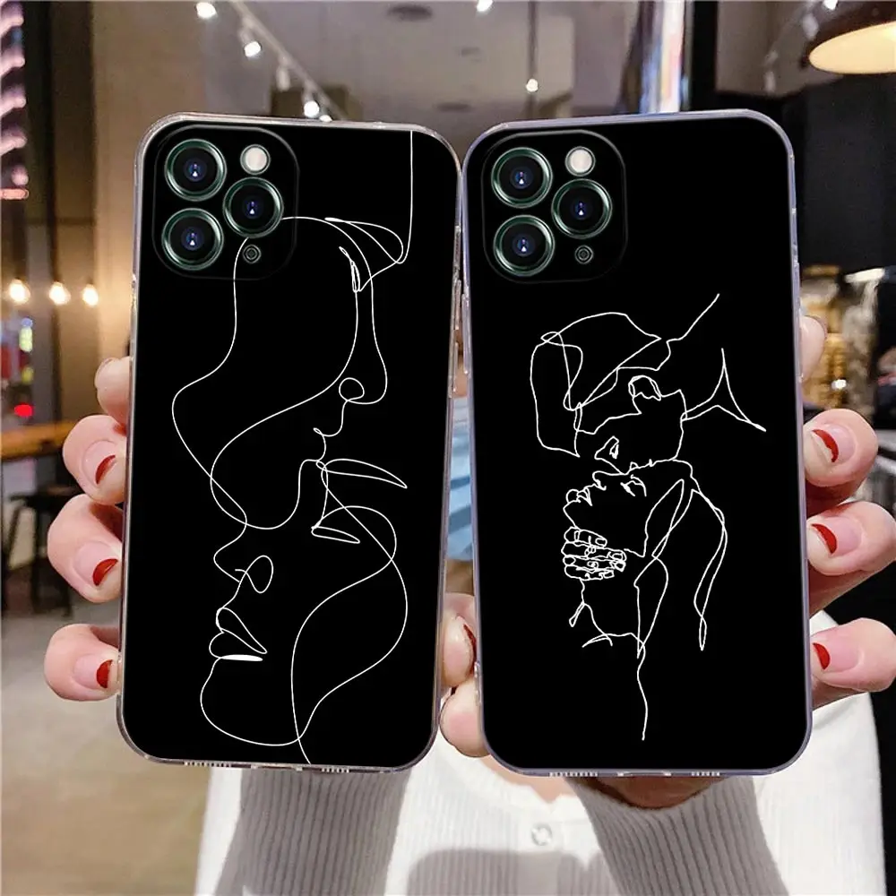 Couple Kiss Clear Case For iPhone 16 15 14 13 12 11 Pro Max Mini Xs XR X 7 8 Plus 6 Sexy Line Lover Cover For iphone 16 Pro Case