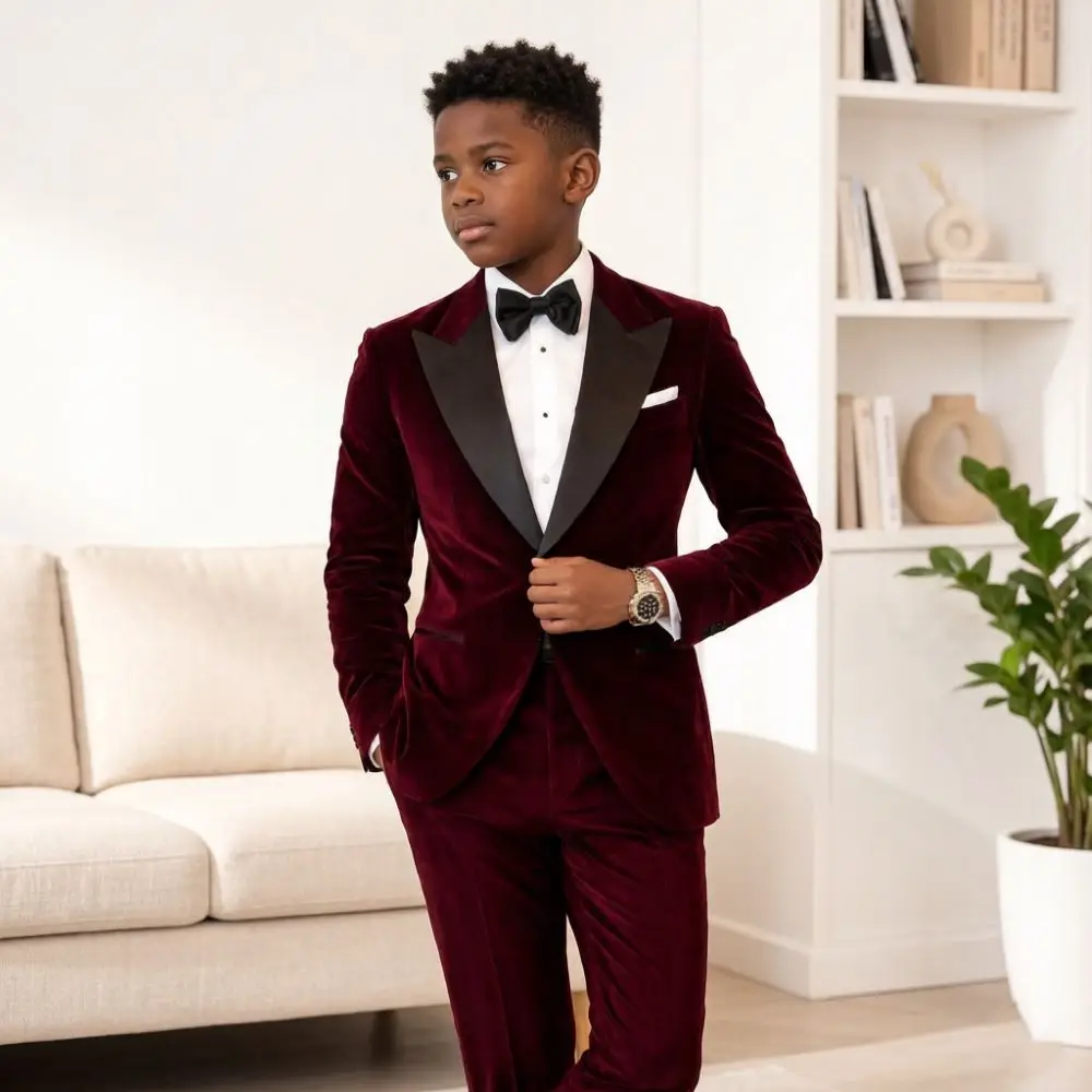 Boy Suits Burgundy Velvet Slim Fit 2 Pieces Custom Wedding Mix Match Glossy Black Satin Shawl Lapel For Prom Party Birthday Wear
