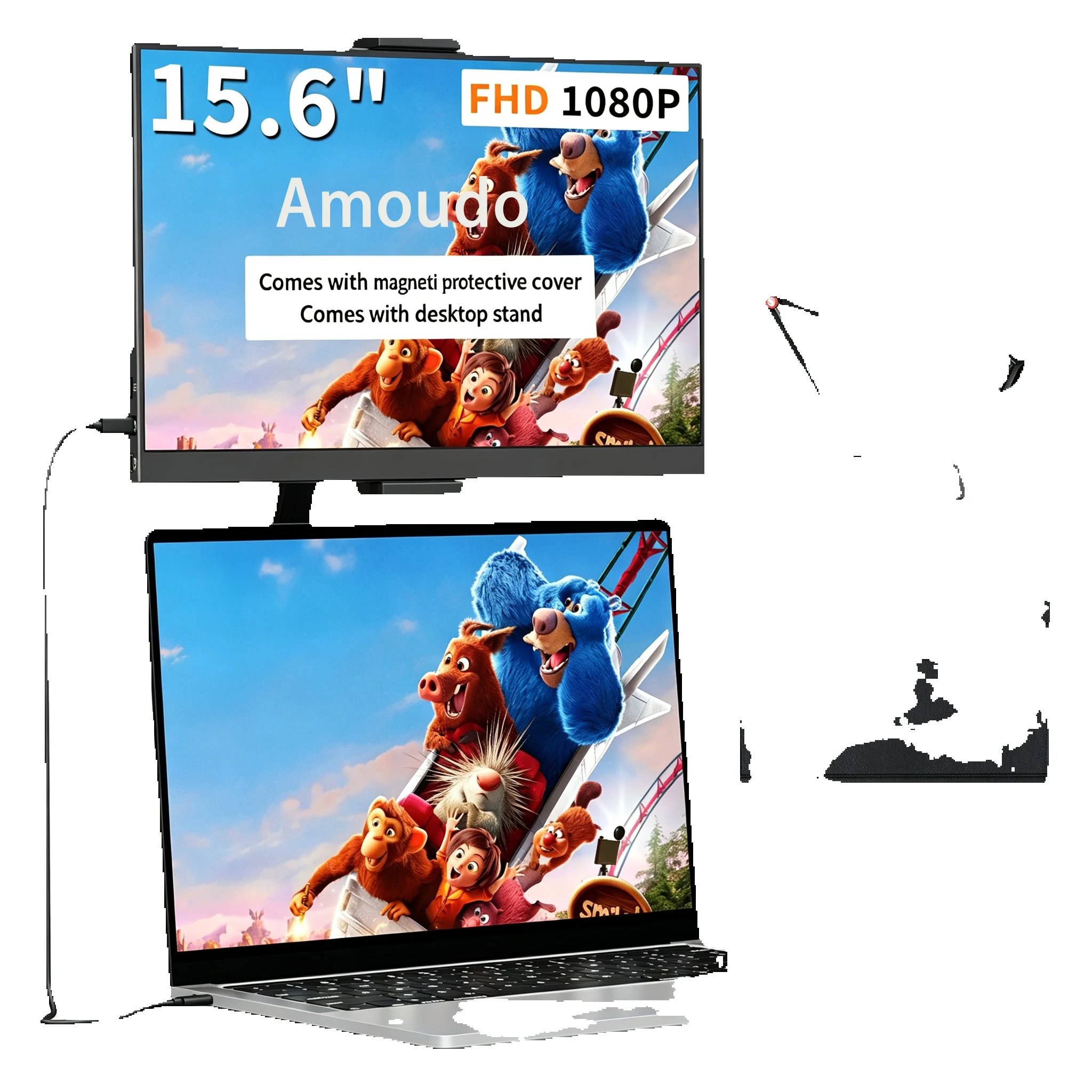 Przenośny monitor Amoudo 15,6 cala 1920x1080P 60Hz z podstawką, USB Type-C i Mini HDMI, dodatkowy ekran do PS4, Xbox, Switch, PC, Mac — 2