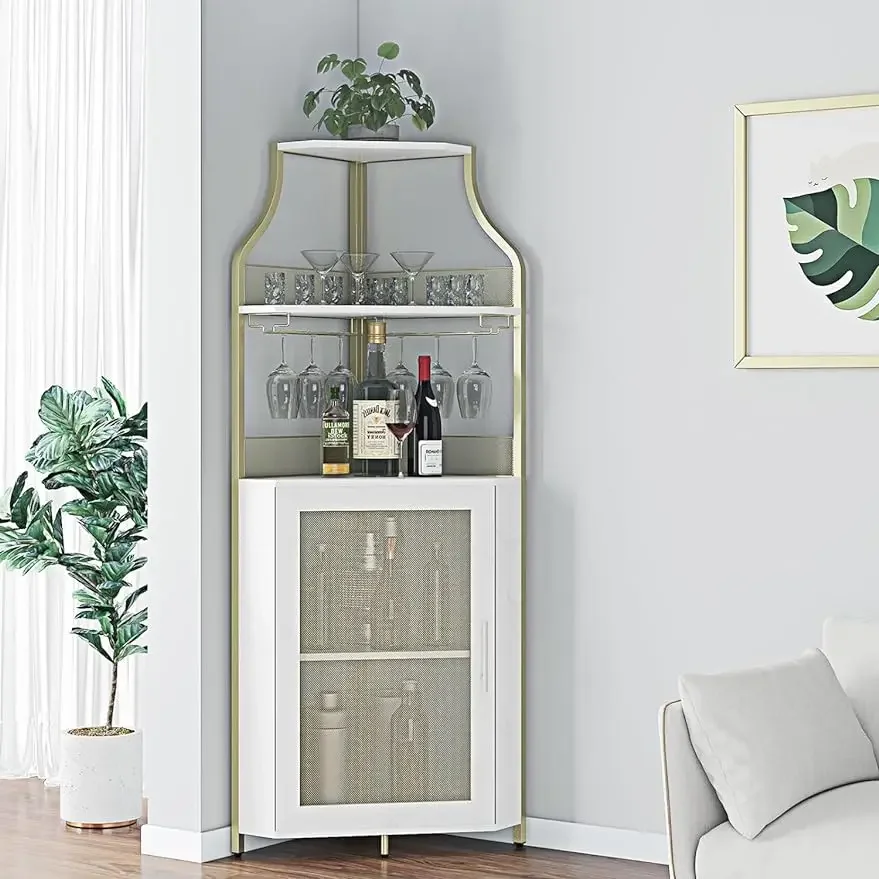 

Corner Wine Bar Cabinet with Drawer with Glass Holder Small Sideboard and Buffet Mesh Door for Liquor and Glasses, Gold