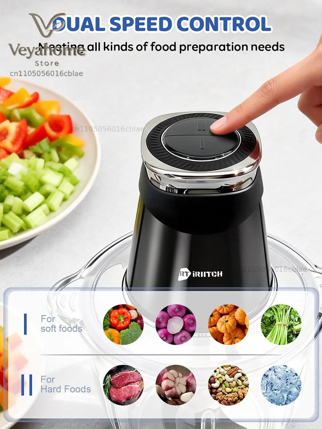 Food Processor, 500W Electric Food Chopper with 2 Bowls (10 Cup+5 Cup) & 2 Bi-Level Blades&