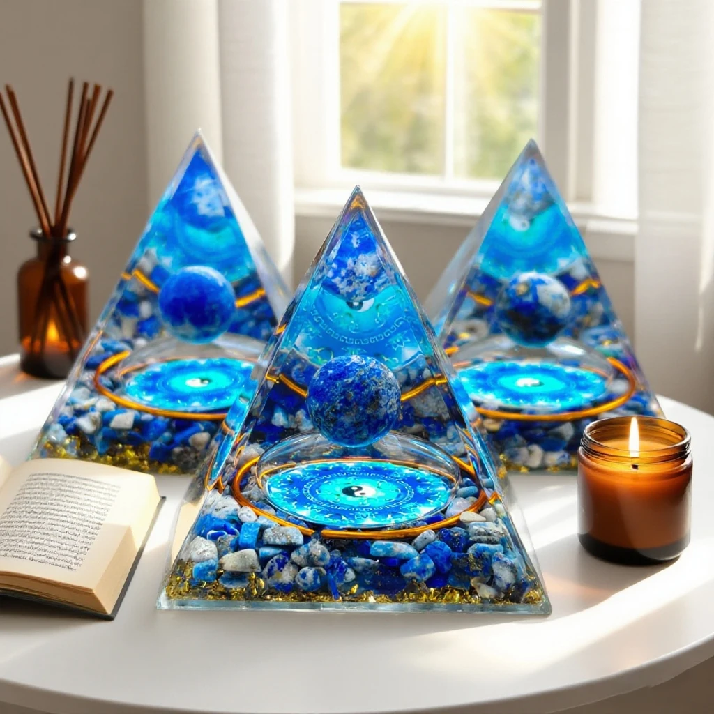 اللازورد الطبيعي الأزرق يين يانغ تاي تشي أورجون الهرم الحلي الزخرفية، كريستال الطاقة شفاء الحلي