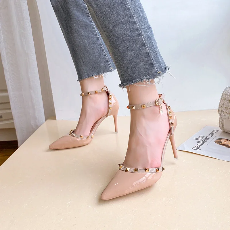 Women\'s Sandals Summer New High Heels Pointed Head Riveted Head Buckle Bag with Sandals Fashion Temperament Stiletto Sandals