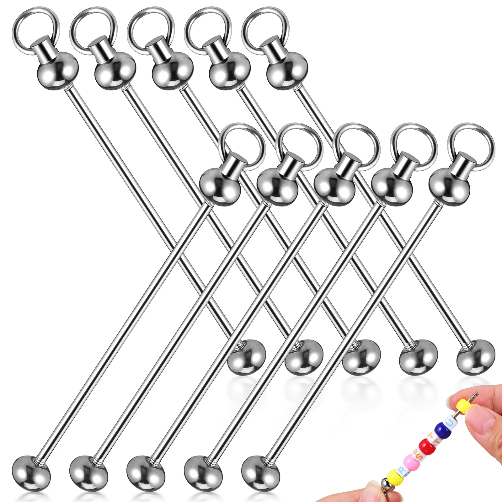 

10 pcs Keychain Bars Silver Sturdy Metal Compact Lightweight Multi Functional Beaded Backpack Pendant Bag Hanging