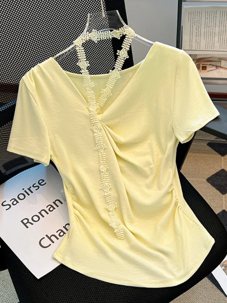 

Летняя футболка ort Sve, женская футболка Ne с V-образным вырезом и драпировкой на талии, смесь хлопка, эластичное волокно, оригинальный дизайн, модный топ