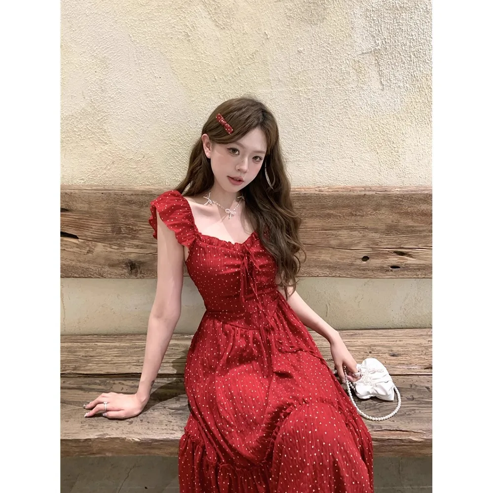 Women's new summer waist-cinching fashionable polka dot seaside holiday dress