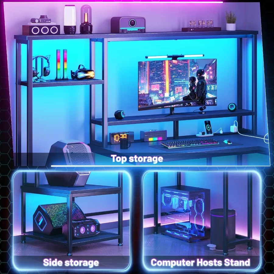 مكتب ألعاب على شكل 55 لترًا مع مصابيح LED مدمجة ومنافذ كهربائية مدمجة بتصميم زاوية قابلة للعكس تتميز بقابل للتعديل